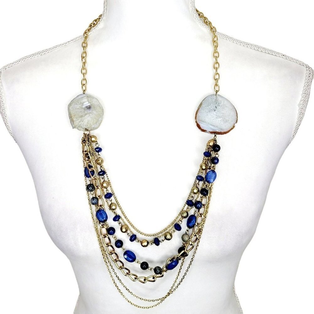 Large Multi-Gemstone Necklace Multi-Strand Gold Tone Statement Chains & Beads - Picture 3 of 9